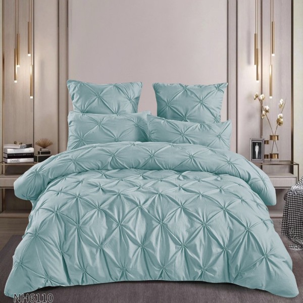 Lenjerie Pat Dublu, Premium,  Finet cu Pliuri Brodate, cu Elastic, 6 Piese, Nesifonabilă și Durabilă, Bleu [1]