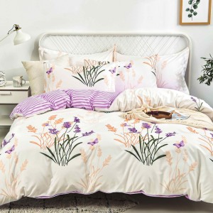 Lenjerie pat dublu cu Elastic (160x200cm si 180x200cm), bumbac satinat, Crem, Mov, flori Lenjerie pat dublu cu Elastic (160x200cm si 180x200cm), bumbac satinat, Crem, Mov, flori