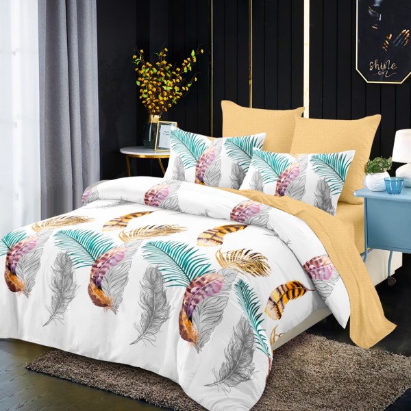 Lenjerie pat dublu,  FINET, cu elastic, 6 piese, Alb, Galben, Pene [1]