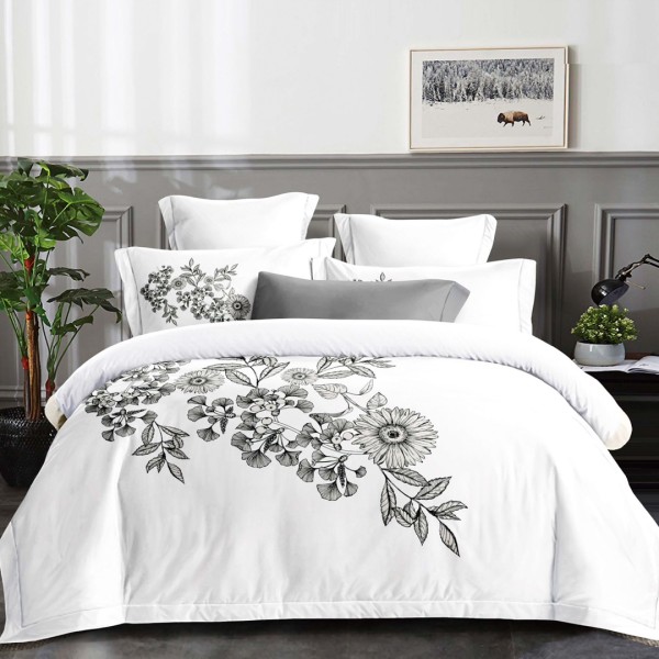 Lenjerie pat dublu, Primăvara,  FINET, Cearsaf cu Elastic 180x200cm, 4 piese, Alb, Gri, model elegant cu flori - Lux Absolut, Delicatețe și Eleganță Desăvârșită [1]