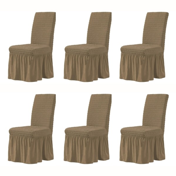 Set 6 Huse Elastice si Creponate Cu Volanase pentru Scaune, maro deschis [1]