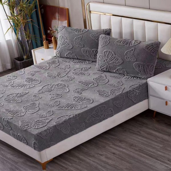 Cearșaf Cocolino 180/200 cm – Elastic 360°,  + 2 Fete Perna, Model Fluturi 3D, Moale și Călduros, Gri Inchis [1]