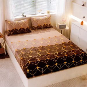 Cearsaf cu Elastic Cocolino 180x200cm si 2 fete de perna 50x70cm, Maro, Bej, Degrade, Forme Geometrice