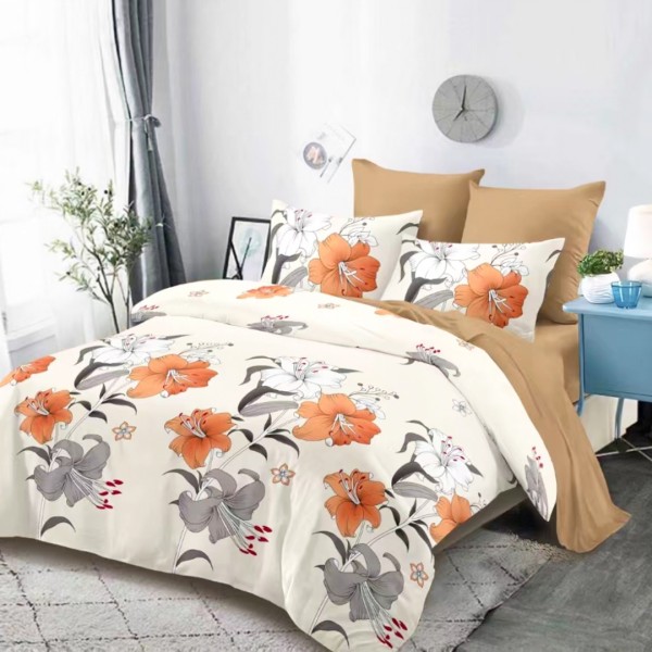 Lenjerie pat dublu,  FINET, cu elastic, 6 piese, Crem, Maro, Flori [1]