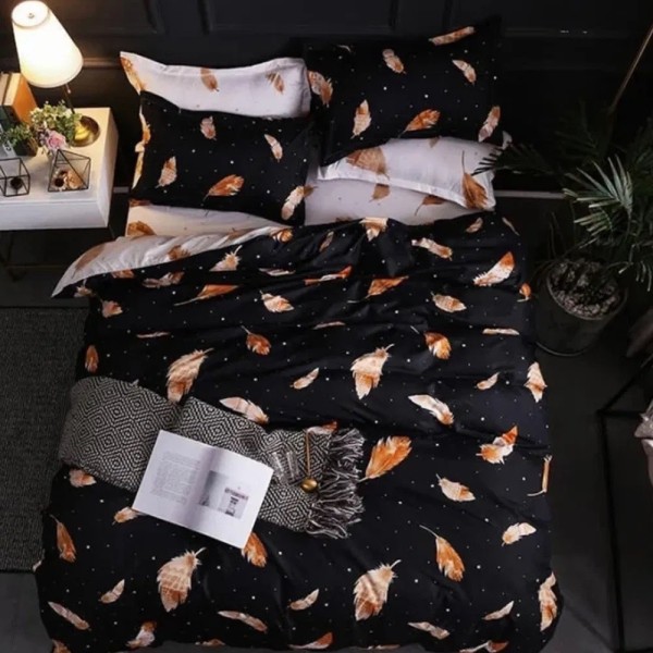 Lenjerie pat dublu, bumbac satinat, cu doua feţe, 4 piese,  Negru, pene [1]