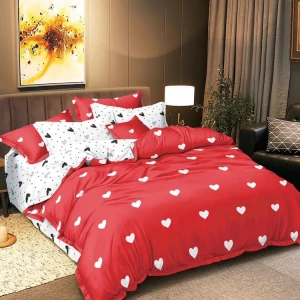 Lenjerie pat dublu, bumbac satinat, cearsaf clasic, 4 piese,  Rosu, Alb, inimioare