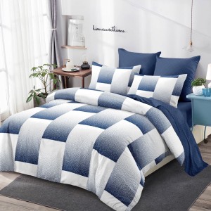 Lenjerie Pat Dublu,  FINET, 6 piese, Alb, Bleumarin, Forme Geometrice Lenjerie Pat Dublu,  FINET, 6 piese, Alb, Bleumarin, Forme Geometrice