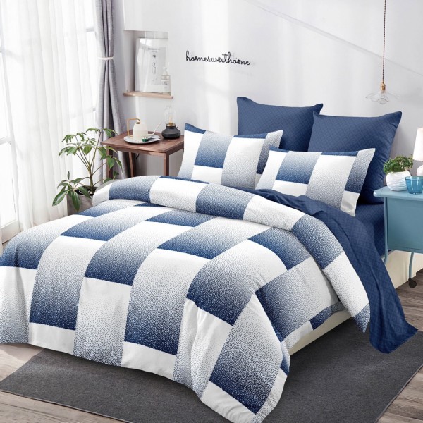 Lenjerie Pat Dublu,  FINET, 6 piese, Alb, Bleumarin, Forme Geometrice [1]
