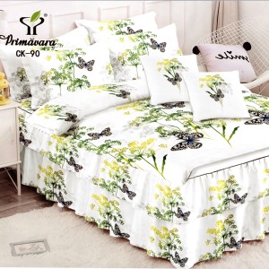 Lenjerie Premium Pat Dublu  FINET, 6 Piese – Volanase Sofisticate, Fixare Perfecta cu Elastic, Alb, Verde, Flori, Fluturi