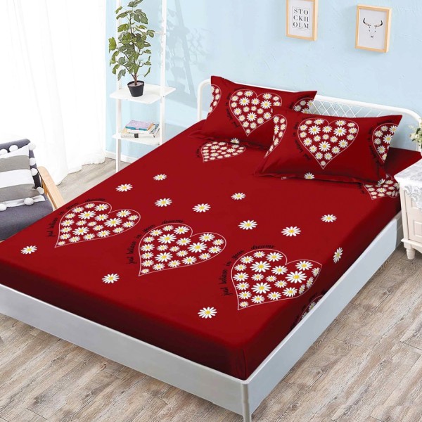 Cearsaf cu elastic, Bumbac FINET, 160x200cm, 2 fete de perne 50x70cm, Visiniu, Inimioare [1]