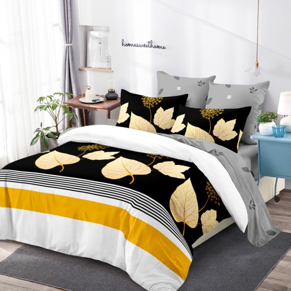 Lenjerie pat dublu,  FINET, cu elastic, 6 piese, Alb, Gri, Negru, Frunze [1]