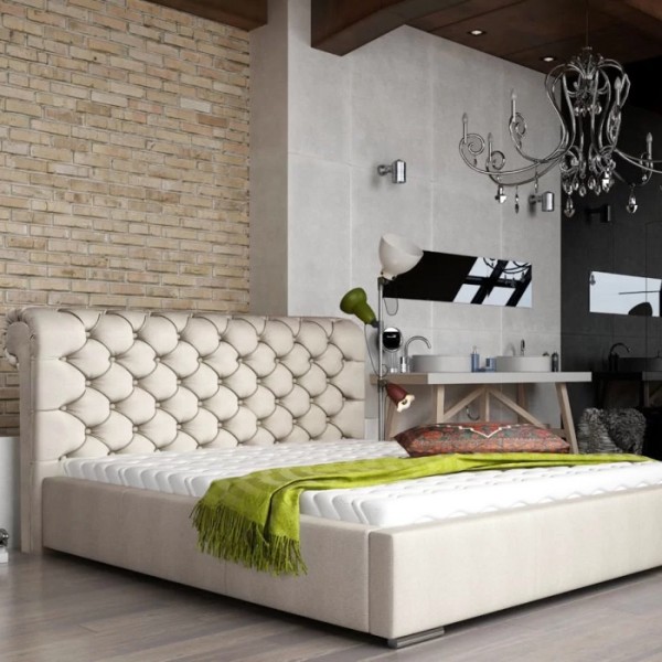 Pat Matrimonial, cu Lada de Depozitare, pentru Saltea de 160x200cm,  Tapițat tip Chesterfield, Catifea Crem  - model KAROLY - cu Somiera Rabatabila [1]