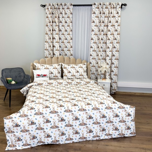 Set Lenjerie Pat Dublu 4 Piese + 2 Draperii 150x235cm din Bumbac Ranforsat – Confort și Eleganță, Fabricat în România, Alb, Iepurasi [1]