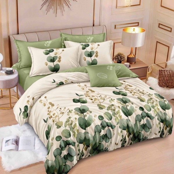 Lenjerie pat dublu (140x200cm, 160x200cm, 180x200cm),  FINET, 6 piese, Crem, Verde, flori [1]