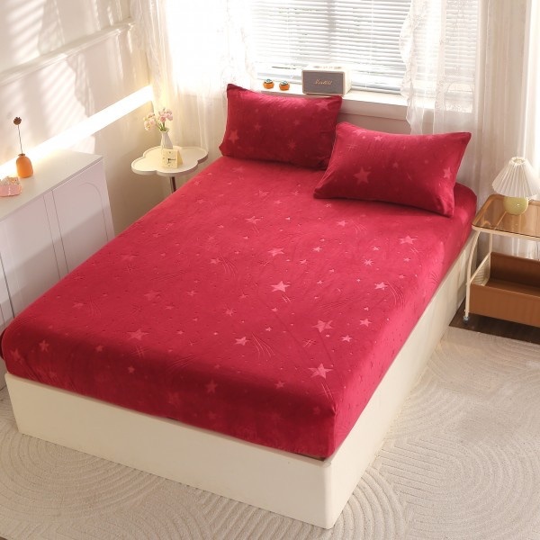 Husa cu Elastic pufoasa Cocolino, 180x200cm si 2 fete de perna 50x70cm, Ploaie de Stele, Rosu [1]