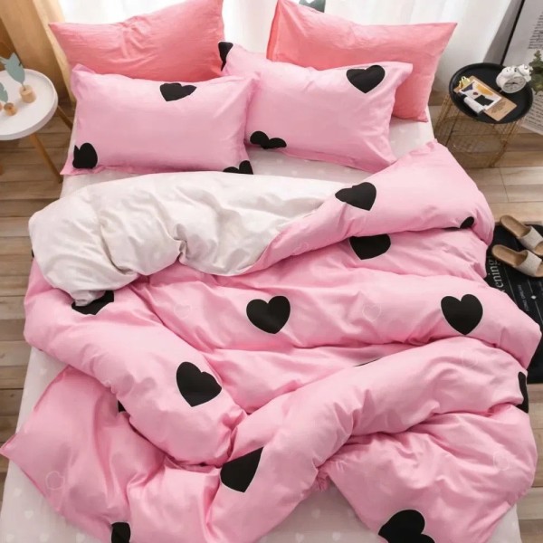 Lenjerie pat dublu, bumbac satinat, cu doua feţe, 4 piese,  Roz, Crem, inimioare [1]