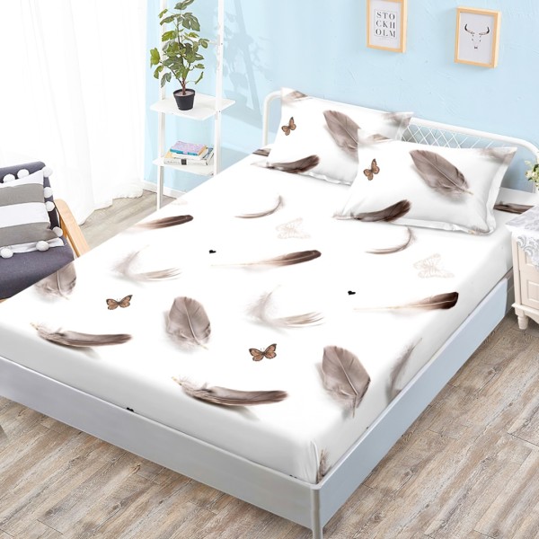 Cearsaf cu elastic, Bumbac FINET, 160x200cm, 2 fete de perne 50x70cm, Alb, Maro, Pene [1]