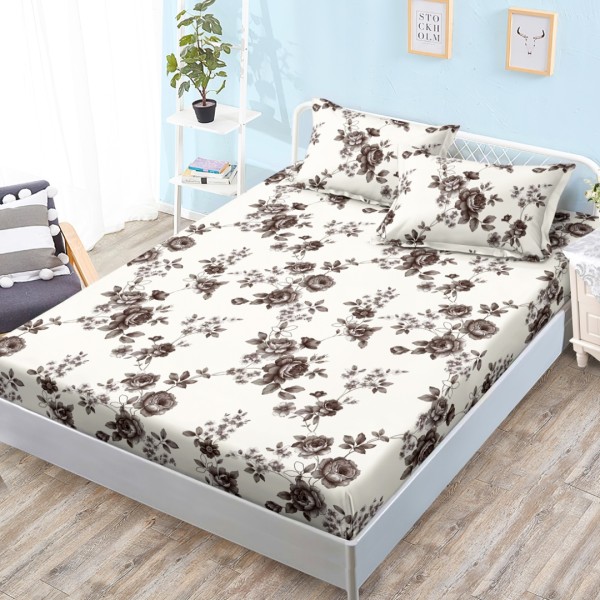 Cearsaf cu elastic, Bumbac FINET, 160x200cm, 2 fete de perne 50x70cm, Crem, Gri, Flori [1]