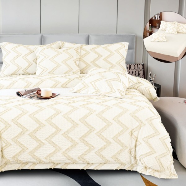 Lenjerie Pat Dublu, Cearsaf cu Elastic, 5 Piese, Bumbac 4 Anotimpuri Fin, Broderie Latoasa - Confort si Eleganta, Crem, Zig-Zag [1]