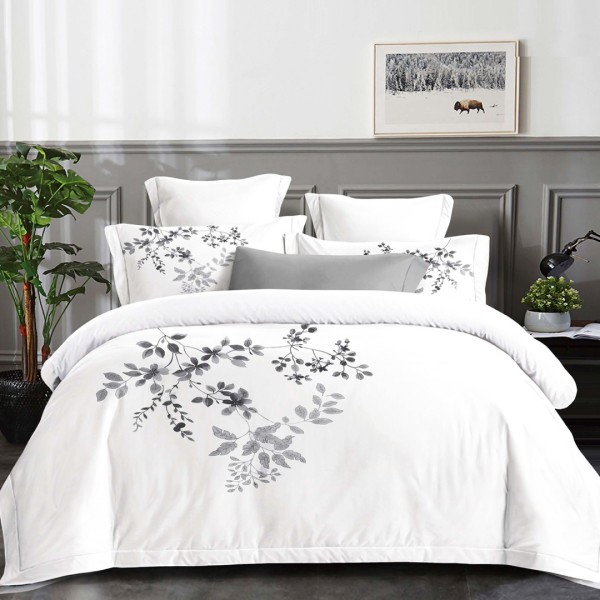 Lenjerie pat dublu, Primăvara,  FINET, Cearsaf cu Elastic 180x200cm, 4 piese, Alb, Gri, model elegant cu flori - Lux Absolut, Delicatețe și Eleganță Desăvârșită [1]