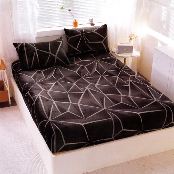 Cearsaf cu Elastic Cocolino 180x200cm si 2 fete de perna 50x70cm, Negru, Gri, Forme Geometrice [1]