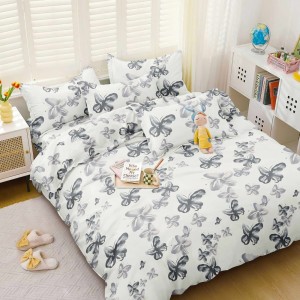 Lenjerie pat dublu (140x200cm, 160x200cm, 180x200cm), bumbac satinat, cearsaf clasic, 4 piese,  Alb, fluturi Lenjerie pat dublu (140x200cm, 160x200cm, 180x200cm), bumbac satinat, cearsaf clasic, 4 piese,  Alb, fluturi