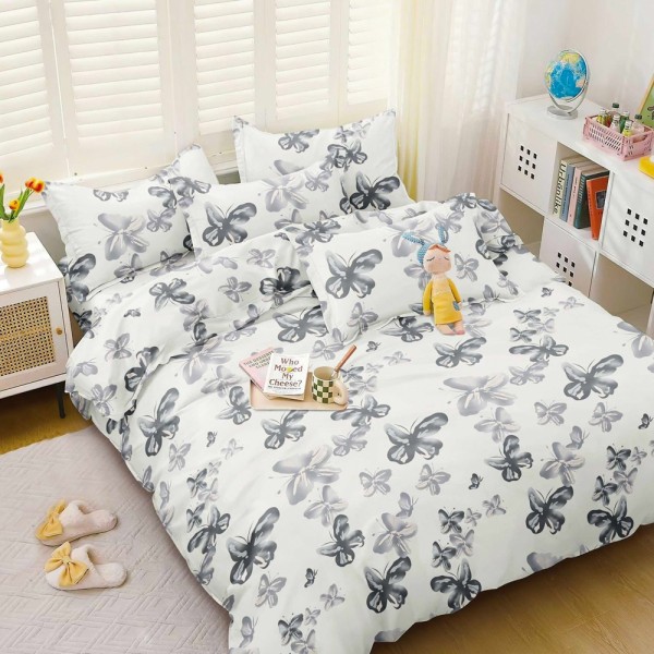 Lenjerie pat dublu (140x200cm, 160x200cm, 180x200cm), bumbac satinat, cearsaf clasic, 4 piese,  Alb, fluturi [1]