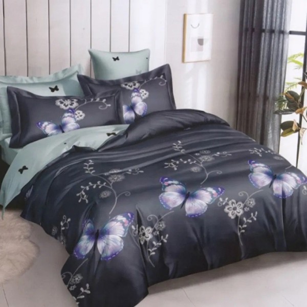 Lenjerie pat dublu, bumbac satinat, cu doua feţe, 4 piese,  Bleumarin, Fluturi [1]