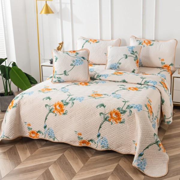 Cuvertura Pat Dublu, Bumbac Matlasat, 230x250 cm, 2 fete de perna 60x80cm, 2 fete de perna 55x55cm, Crem, Flori [1]