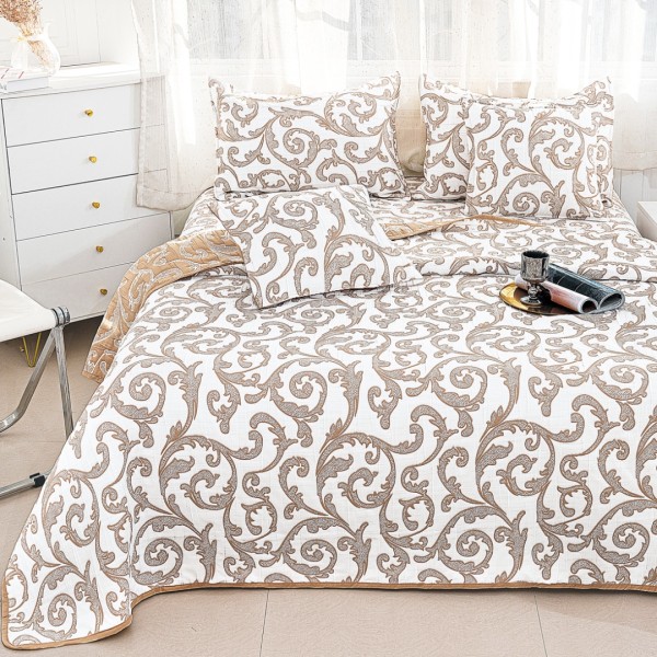 Cuvertura Pat Dublu, Bumbac cu In, Model Brodat Direct în Tesatura, 230x250 cm, 2 fete de perna 52x72cm, 2 fete de perna 46x46cm, Alb, Maro, Model Elegant [1]