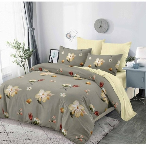 Lenjerie pat dublu,  FINET, cu elastic, 6 piese, Gri, Crem,  Flori [1]