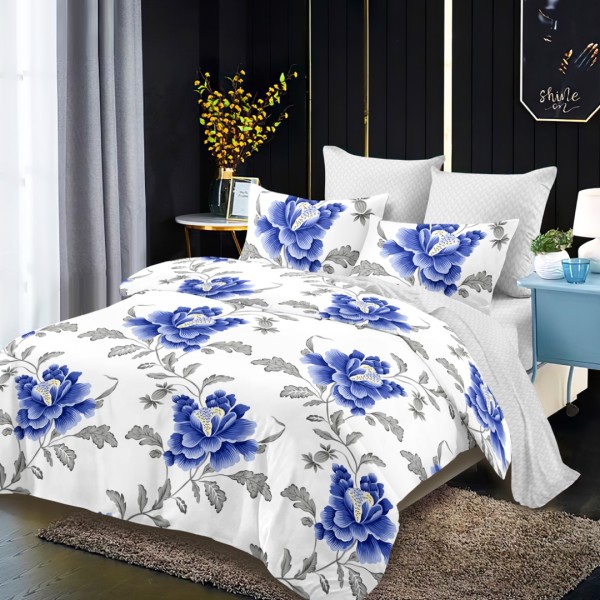 Lenjerie pat dublu,  FINET, cu elastic, 6 piese, Alb, Albastru, Flori [1]