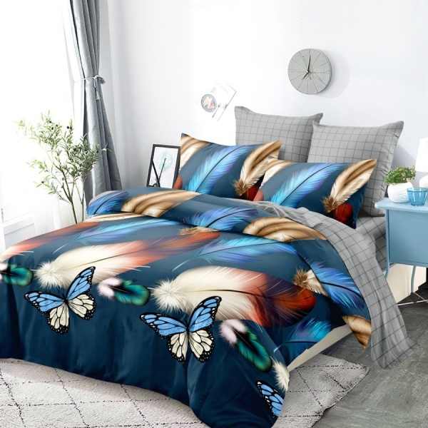 Lenjerie Pat Dublu, FINET, 6 piese, Gri, Albastru, Pene, Fluturi [1]