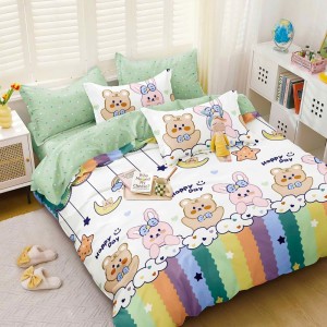 Lenjerie pat dublu cu Elastic, bumbac satinat, Alb, Verde, iepurasi