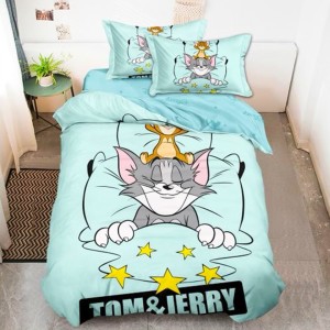 Lenjerie pat single (90x200cm, 100x200cm), FINET, 4 piese, IDENTICA CU POZA, Bleu, Tom si Jerry Lenjerie pat single (90x200cm, 100x200cm), FINET, 4 piese, IDENTICA CU POZA, Bleu, Tom si Jerry