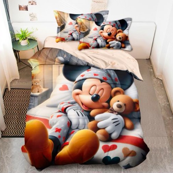 Lenjerie pat single (90x200cm, 100x200cm), FINET, 4 piese, IDENTICA CU POZA, Gri, Bej, Mickey Mouse [1]