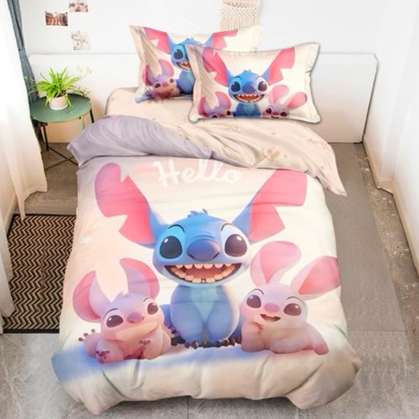 Lenjerie pat single (90x200cm, 100x200cm), FINET, 4 piese, IDENTICA CU POZA, Roz, Hello, Stich [1]