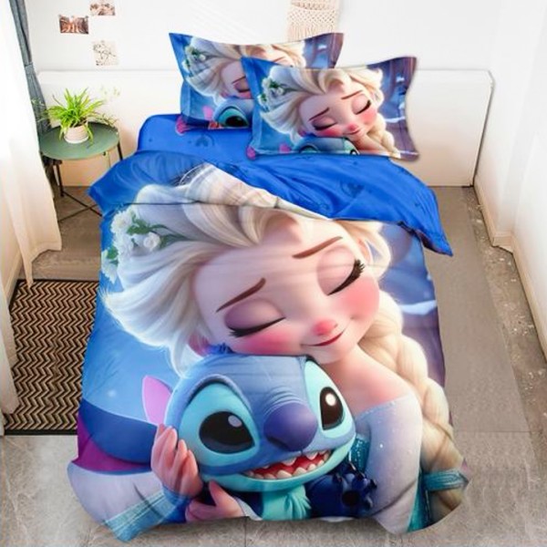 Lenjerie pat single (90x200cm, 100x200cm), FINET, 4 piese, IDENTICA CU POZA, Albastru, Elsa si Stich [1]