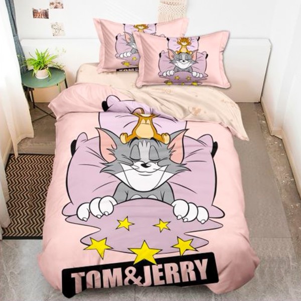 Lenjerie pat single (90x200cm, 100x200cm), FINET, 4 piese, IDENTICA CU POZA, Roz, Tom si Jerry [1]