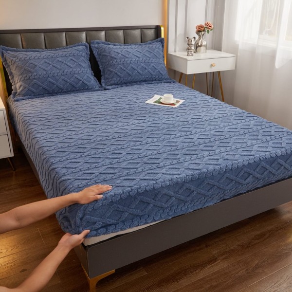 Cearșaf cu Elastic Cocolino, Model 3D Tricotat, 180x200x25 cm – Set cu 2 Fețe de Pernă, Gros și Pufos, Bleumarin [1]