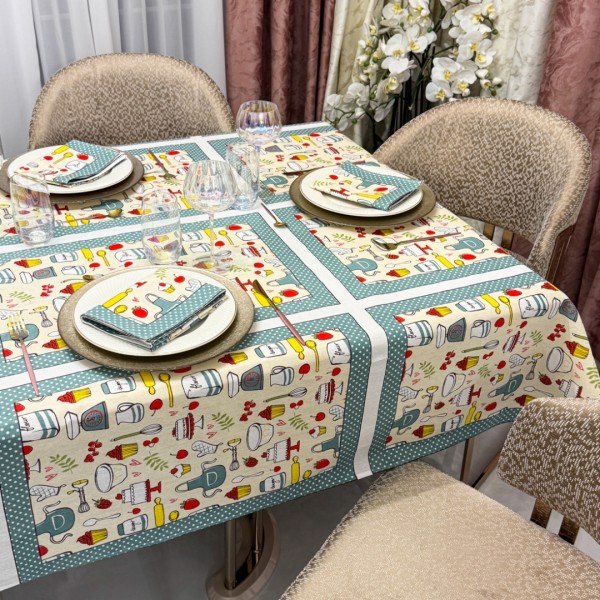 Set Față de Masă din Bumbac Imprimat cu 6 Șervețele – Eleganță și Calitate pentru Mese Perfecte, Crem, Kitchen [1]