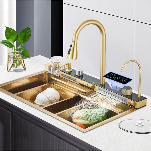 Chiuveta Bucatarie Multifunctionala cu LED, Inox, Auriu – Negru 75×45cm – Puterea Tehnologiei și Designului în Bucătăria Ta [1]