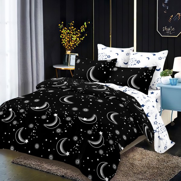 Lenjerie pat dublu,  FINET, cu elastic, 6 piese, Alb, Negru, Stele si Luna [1]