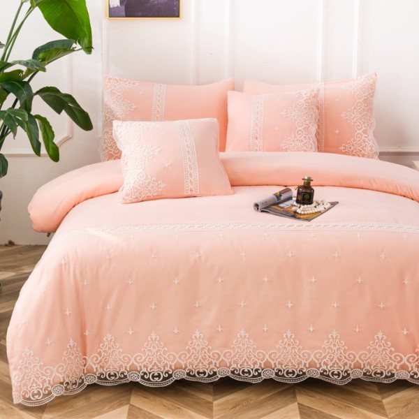 Lenjerie pat dublu,  Fin cu Dantela si Broderie Rafinata, CEARSAF CU ELASTIC, 6 piese, Pudra [1]