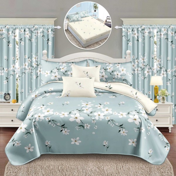 Set Lenjerie pat dublu cu Elastic (160x200cm, 180x200cm) + 2 draperii, finet, 8 piese, Bleu, flori [1]
