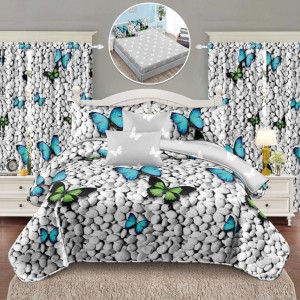 Set Lenjerie pat dublu cu Elastic + 2 draperii, finet, 8 piese, Gri, Albastru, Fluturi