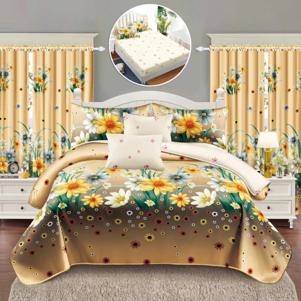Set Lenjerie pat dublu cu Elastic (160x200cm, 180x200cm) + 2 draperii, finet, 8 piese, Bej, Maro, flori [1]
