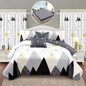 Set Lenjerie pat dublu cu Elastic + 2 draperii, finet, 8 piese, Alb, Gri, munti