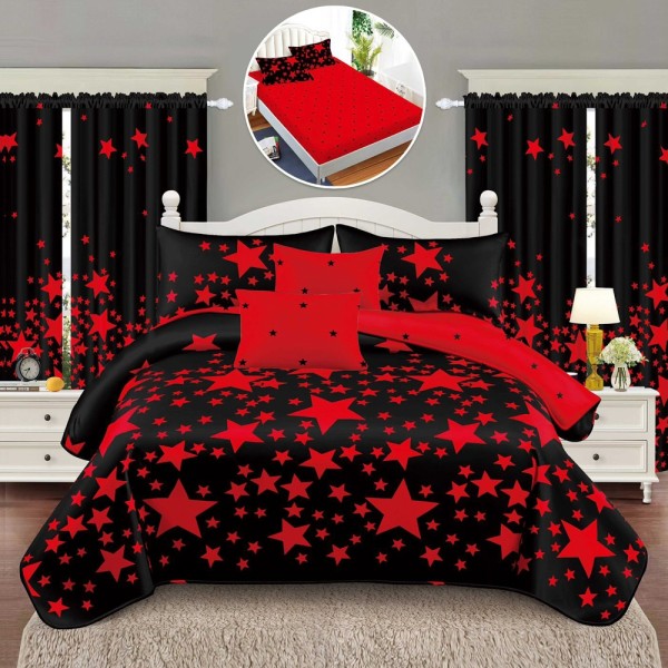 Set Lenjerie pat dublu cu Elastic (160x200cm, 180x200cm) + 2 draperii, finet, 8 piese, Rosu, Negru, stelute [1]