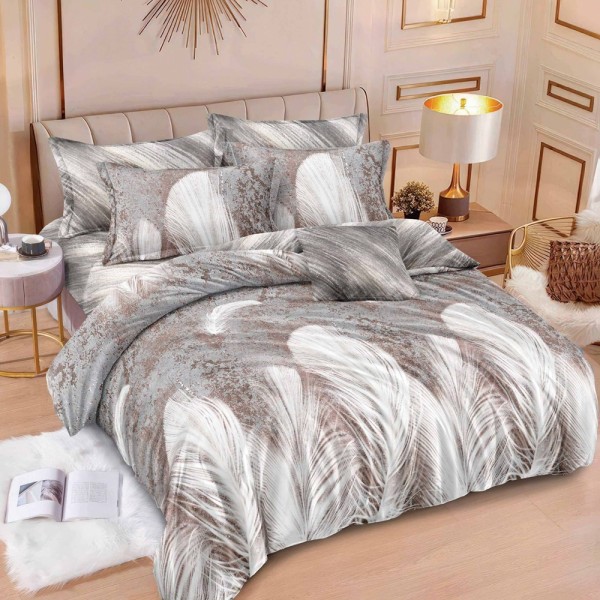 Lenjerie pat dublu (160x200cm, 180x200cm),  FINET, 6 piese, cu ELASTIC, Bej, pene [1]